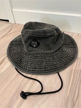 Washed Black Men's Bucket Hat with Chin Cord